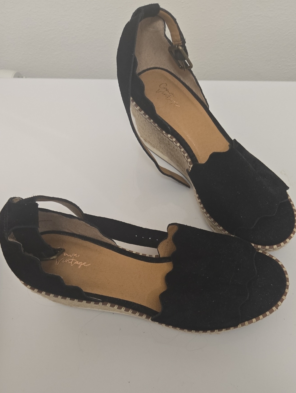 Crown Vintage Black Scalloped Suede Wedge Espadrilles